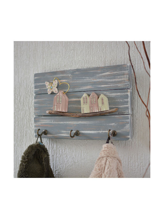 Kapadakis Wood Art Κρεμάστρα Τοίχου Χειροποίητη Γειτονιά Με Πεταλούδα Ξύλινη 3 Θέσεων Πολύχρωμη 35x5x21cm