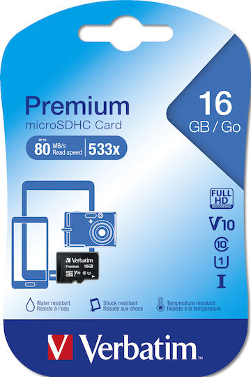 Verbatim Premium microSDHC 16GB U1 Hohe Geschwindigkeit 10MB/s