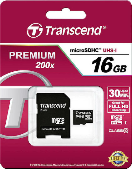 Transcend Premium 200x microSDHC 16GB Klasse 10 Hohe Geschwindigkeit mit Adapter