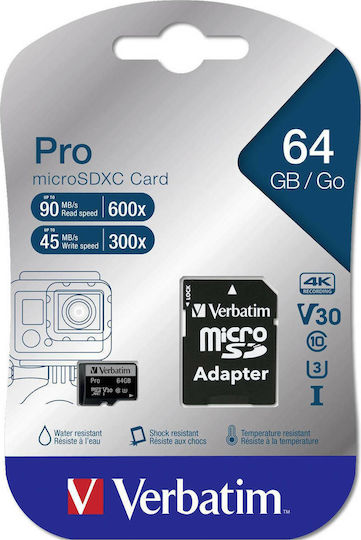 Verbatim Pro microSDXC 64GB U3 UHS-I 90MB/s Cu Adaptor
