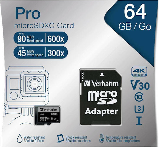 Verbatim Pro microSDXC 64GB U3 UHS-I 90MB/s Cu Adaptor