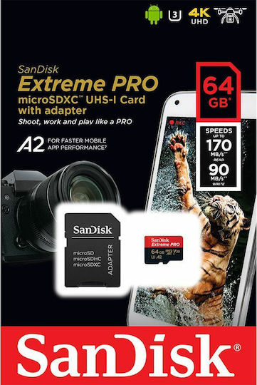 Sandisk Extreme Pro microSDXC 64GB U3 V30 A2 UHS-I 170MB/s с адаптер
