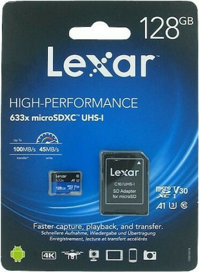 Lexar Hochleistungs-MicroSDXC 633x 128GB U3 V30 A1 UHS-I 100MB/s mit Adapter
