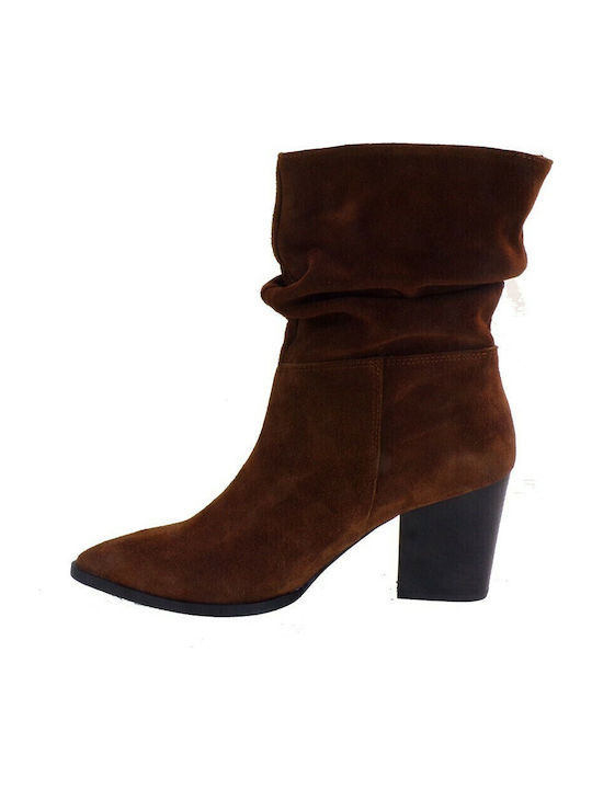 7524 Suede Women's Ankle Boots with High Heel Tabac Brown