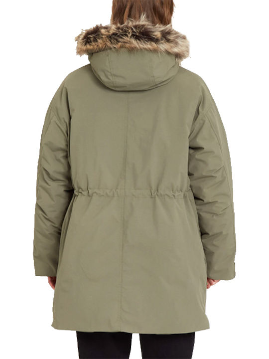 Volcom Kurz Damen Parka Jacke mit pelziger Kapuze für Winter Khaki