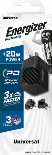Energizer Φορτιστής Χωρίς Καλώδιο GaN με Θύρα USB-C 20W Power Delivery Μαύρος (A20MU)