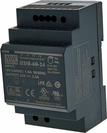 Mean Well Τροφοδοτικό Ράγας με Έξοδο 24V και Ισχύ 60W 2.5A