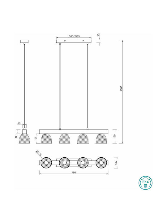 Trio Lighting Cestino Ρυθμιζόμενο Κρεμαστό Φωτιστικό Ασημί Ράγα για 4 Λαμπτήρες E14 75x150εκ.