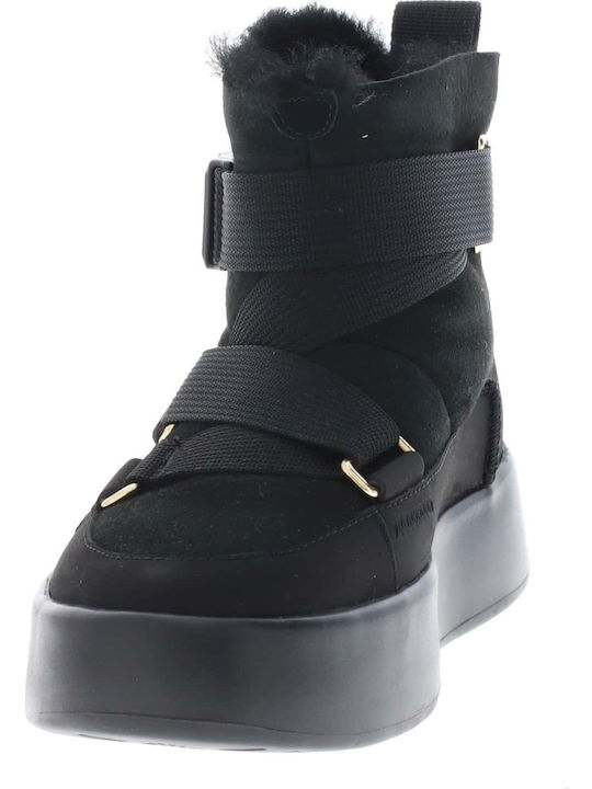 Classic Boom Buckle Suede Women's Ankle Boots with Fur Black