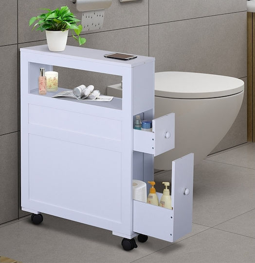 HomCom Wheeled Wooden Bathroom Furniture Bathroom Cabinet L52xW16xH71cm White