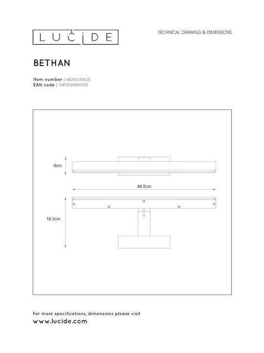 Lucide Lightning Bethan Modern Wall Lamp with Integrated LED and Warm White Light 46.5cm