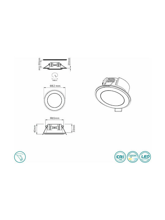 Trio Lighting Aura Round Plastic Recessed Spot with Integrated LED and Warm White Light Black 8.2x8.2cm. 1pcs