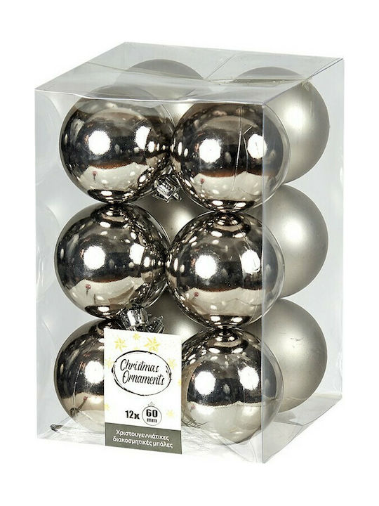 Hanging Ball Ornament Plastic Silver Set 12pcs