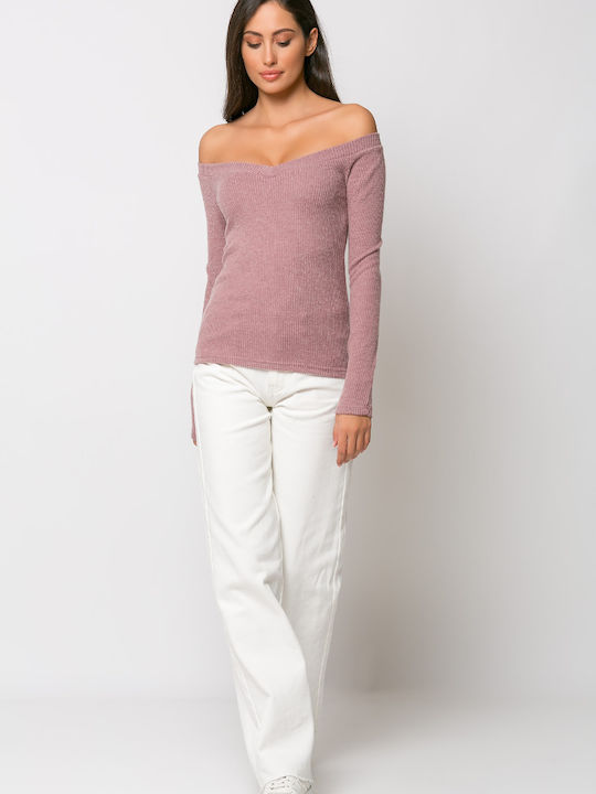 Damen Bluse Schulterfrei Langärmelig Rosa