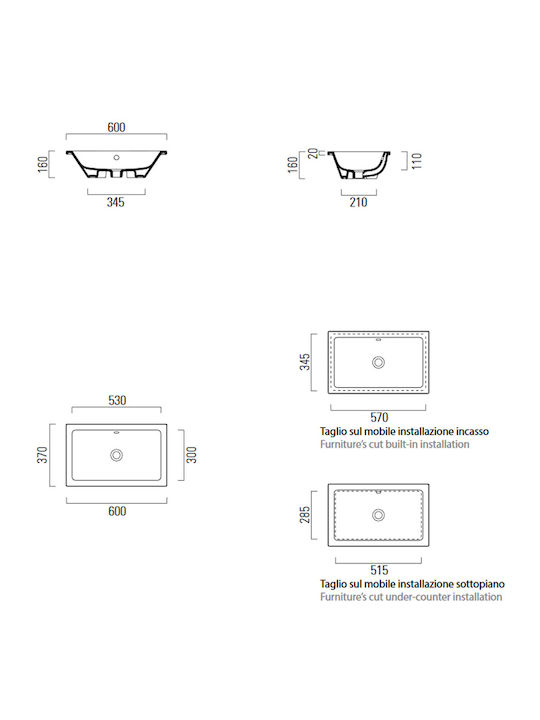 GSI Kube Ένθετος Νιπτήρας Πορσελάνης 60x37x16cm Λευκός