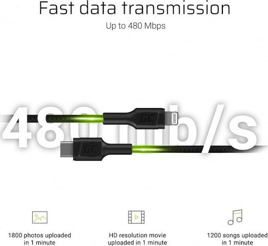 Green Cell Плетена USB-C към Lightning кабел 87W Черен 1м (KABGC07)