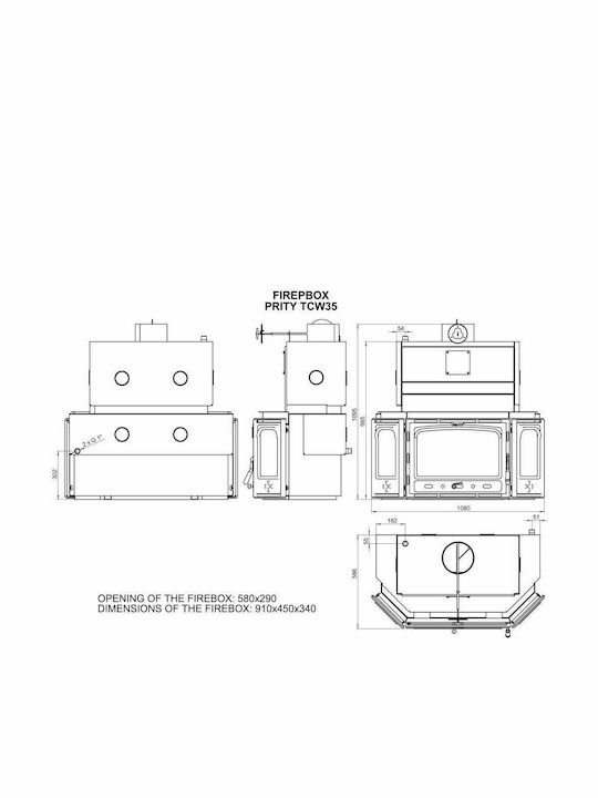 Prity TC W35 Șemineu cu inserție Lemn Radiator 40kW Prismatic cu o ușă care se deschide Deschideți rezervorul de expansiune