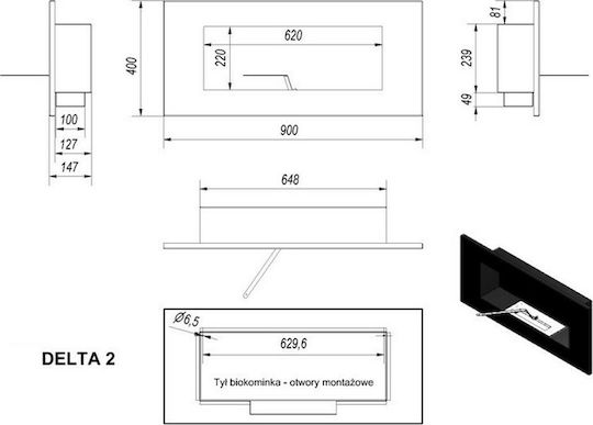 Kratki Delta 2 Horizontal Tuv Επιτοίχιο Τζάκι Βιοαιθανόλης Εσωτερικού Χώρου Μαύρο 90x14.7x40cm