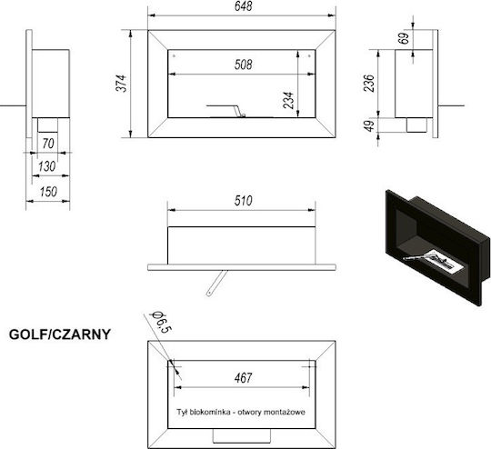 Kratki Golf Horizontal Tuv Επιτοίχιο Τζάκι Βιοαιθανόλης Εσωτερικού Χώρου Μαύρο 64.8x15x37.4cm