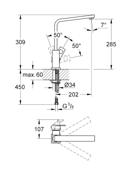 Grohe Eurocube Ψηλή Μπαταρία Κουζίνας Πάγκου Ασημί