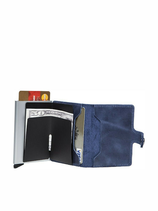 Miniwallet Vintage Δερμάτινο Ανδρικό Πορτοφόλι Καρτών με RFID και Μηχανισμό Slide MV-Blue
