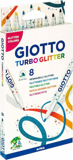 Giotto Turbo Glitter Μαρκαδόροι Ζωγραφικής 2.8mm Λεπτοί, Πλενόμενοι, με Glitter Σετ 8 χρώματα