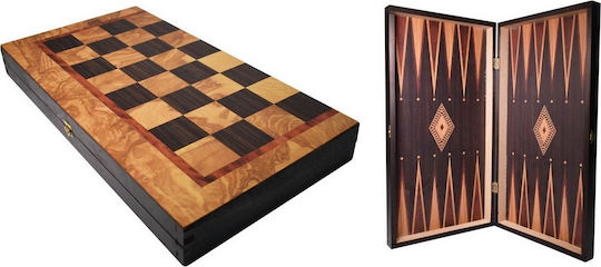 Backgammon & Schach aus Olivenholz mit Schachfiguren 48x48cm