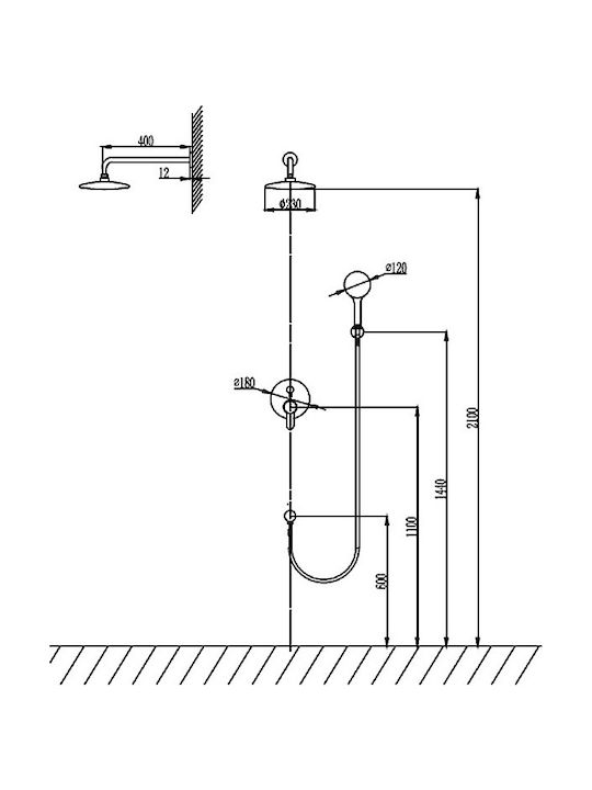 Karag Artemis Built-in Mixer, Hand Shower & Shower Head Set for Shower 2 Exits Inox Chrome