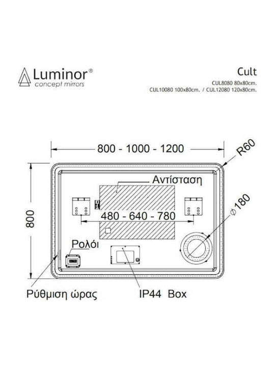 Luminor Cult Vergrößerung Quadratischer Badezimmerspiegel LED Berührung 80x18cm