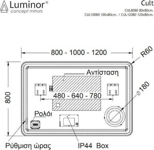 Luminor Cult Μεγεθυντικός Τετράγωνος Καθρέπτης Μπάνιου Led Αφής 80x18cm
