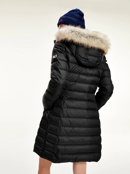 Tommy Hilfiger Essential Hooded Down Μακρύ Γυναικείο Puffer Μπουφάν με Γούνινη Κουκούλα για Χειμώνα Μαύρο