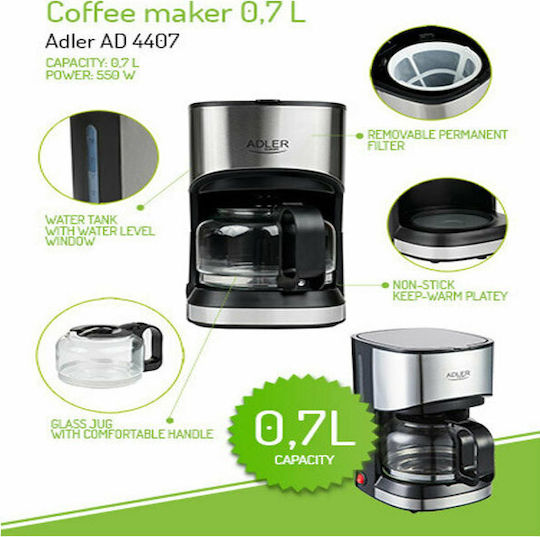 Adler AD-4407 AD 4407 Mașină de cafea cu filtru 550W Argint