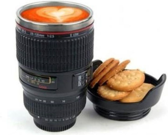Media Wave Camera Lens Mug Metallic with Lid Black 450ml