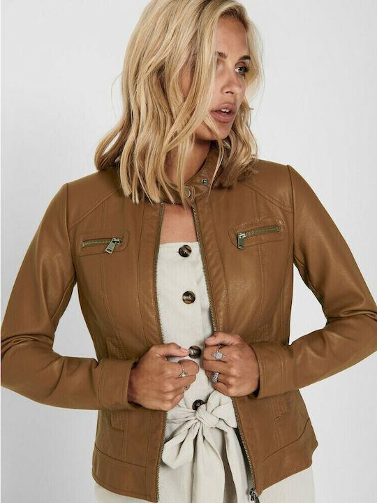 Bandit Women's Short Biker Artificial Leather Jacket for Winter Brown
