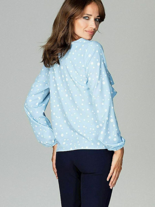 Lenitif K474 Women's Blouse Long Sleeve with V Neckline Polka Dot Light Blue