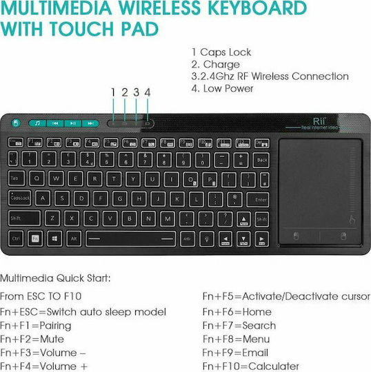Riitek Mini k18+ Ασύρματο Πληκτρολόγιο με Touchpad Αγγλικό US