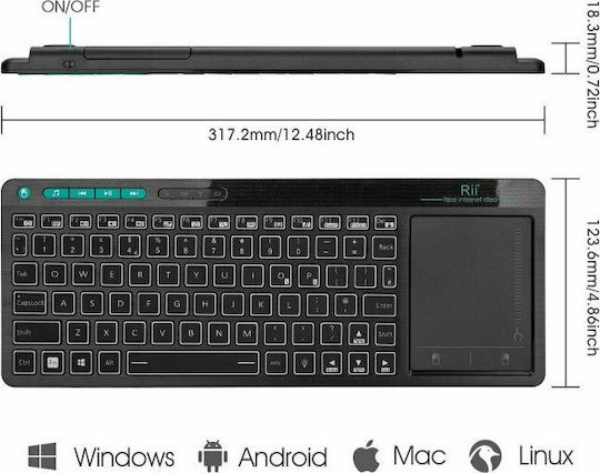 Riitek Mini k18+ Ασύρματο Πληκτρολόγιο με Touchpad Αγγλικό US