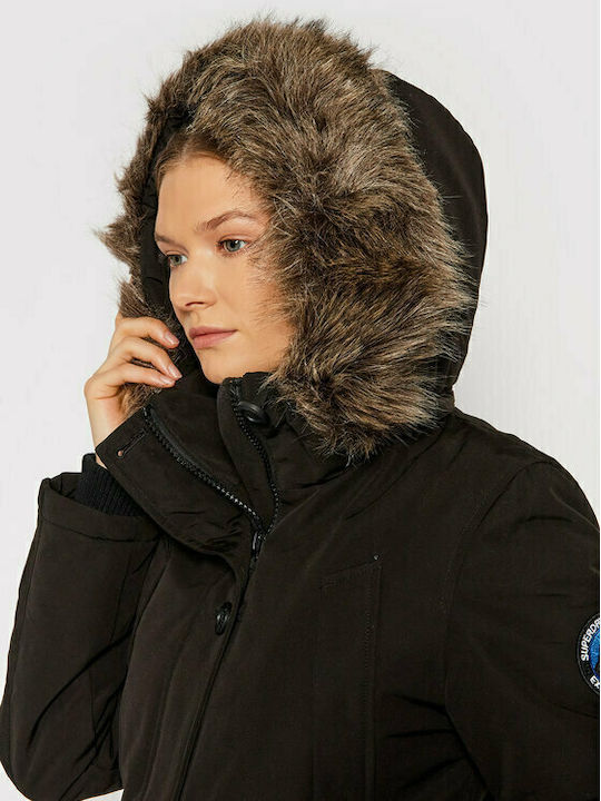 Everest Lang Damen Parka Jacke mit pelziger Kapuze für Winter Schwarz