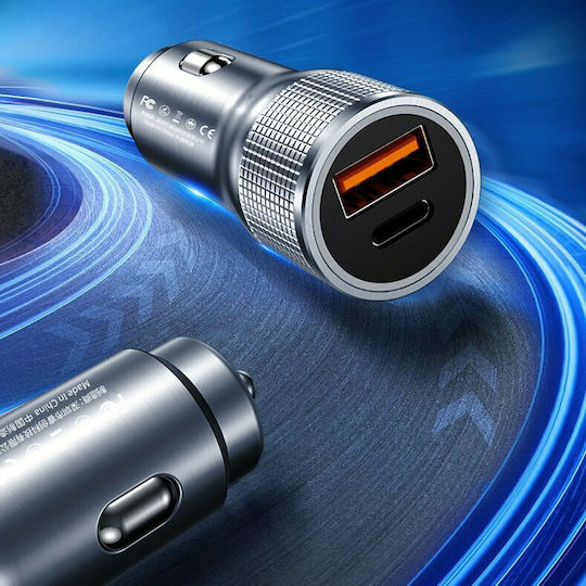 WK Auto-Ladegerät 20W Schnellladen mit Anschlüssen 1xUSB 1xType-C Silber Farbe