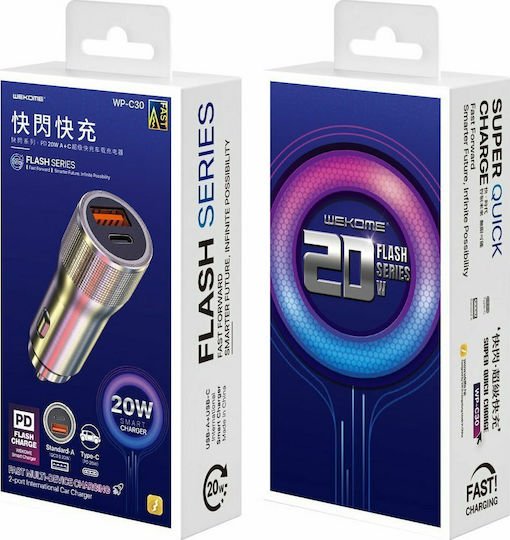 WK Auto-Ladegerät 20W Schnellladen mit Anschlüssen 1xUSB 1xType-C Silber Farbe