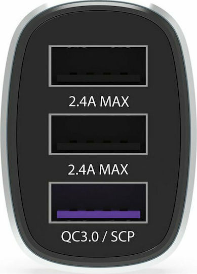Krux Φορτιστής Αυτοκινήτου με Θύρες: 3xUSB Μαύρο Χρώμα