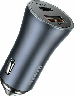 Baseus Car Charger Gray Fast Charging with Ports: 1xUSB 1xType-C with Cable Lightning