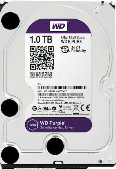 Western Digital Purple 1TB HDD Hard Drive 3.5" SATA III 5400rpm with 64MB Cache for Recorder WD10PURZ