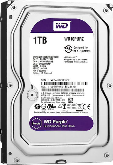 Western Digital Purple 1TB HDD Hard Drive 3.5" SATA III 5400rpm with 64MB Cache for Recorder WD10PURZ
