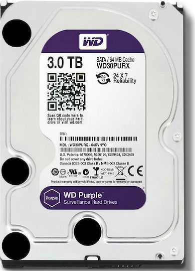 Western Digital Purple 3TB HDD Σκληρός Δίσκος 3.5" SATA III 5400rpm με 64MB Cache για Καταγραφικό WD30PURZ