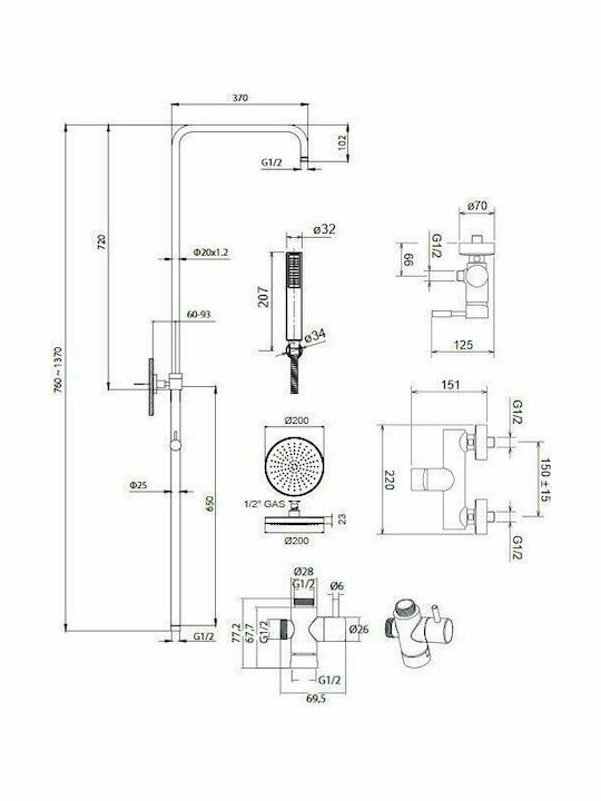 La Torre New Tech 12065 Adjustable Shower Column with Bathtub Mixer 83-144cm Silver