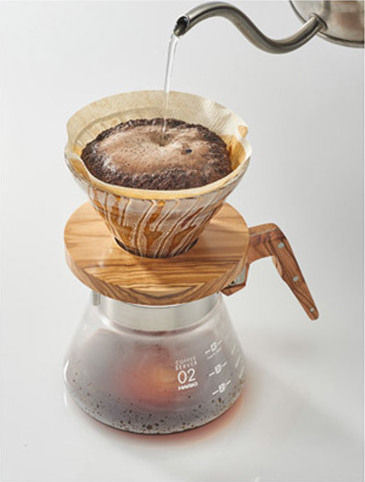 Hario V60 Капкомер За Кафе От Маслиново Дърво 02 Стъклен Прозрачен 120x120x95мм За 4 Чаши