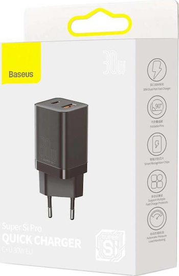 Baseus Φορτιστής Χωρίς Καλώδιο με Θύρα USB-A και Θύρα USB-C 30W Power Delivery Μαύρος (Super Si Pro)