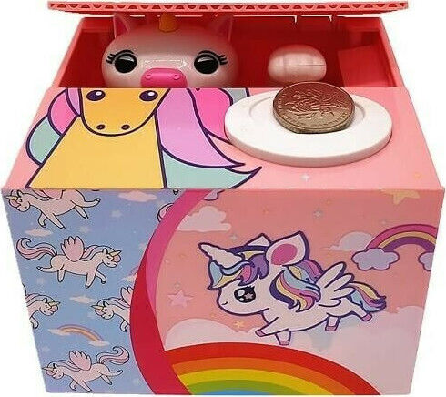 Geheimer Münzen Schlauer Einhorn Kinder Spardose Plastik Rosa 12x9x10cm