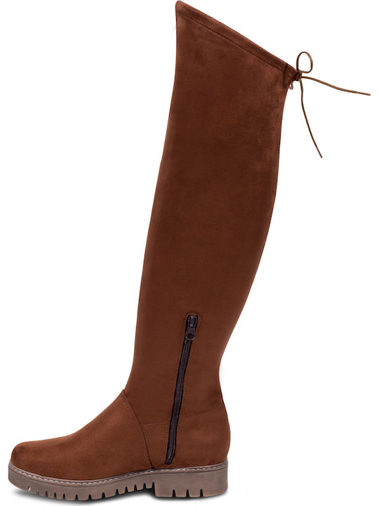Suede Over the Knee Women's Boots with Zipper Tabac Brown